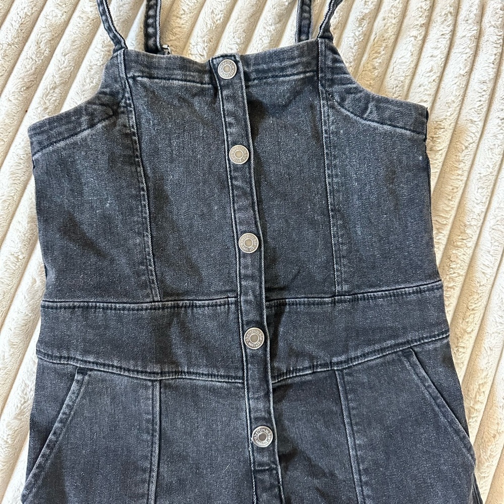 Girls Black Denim Button-Front Overalls